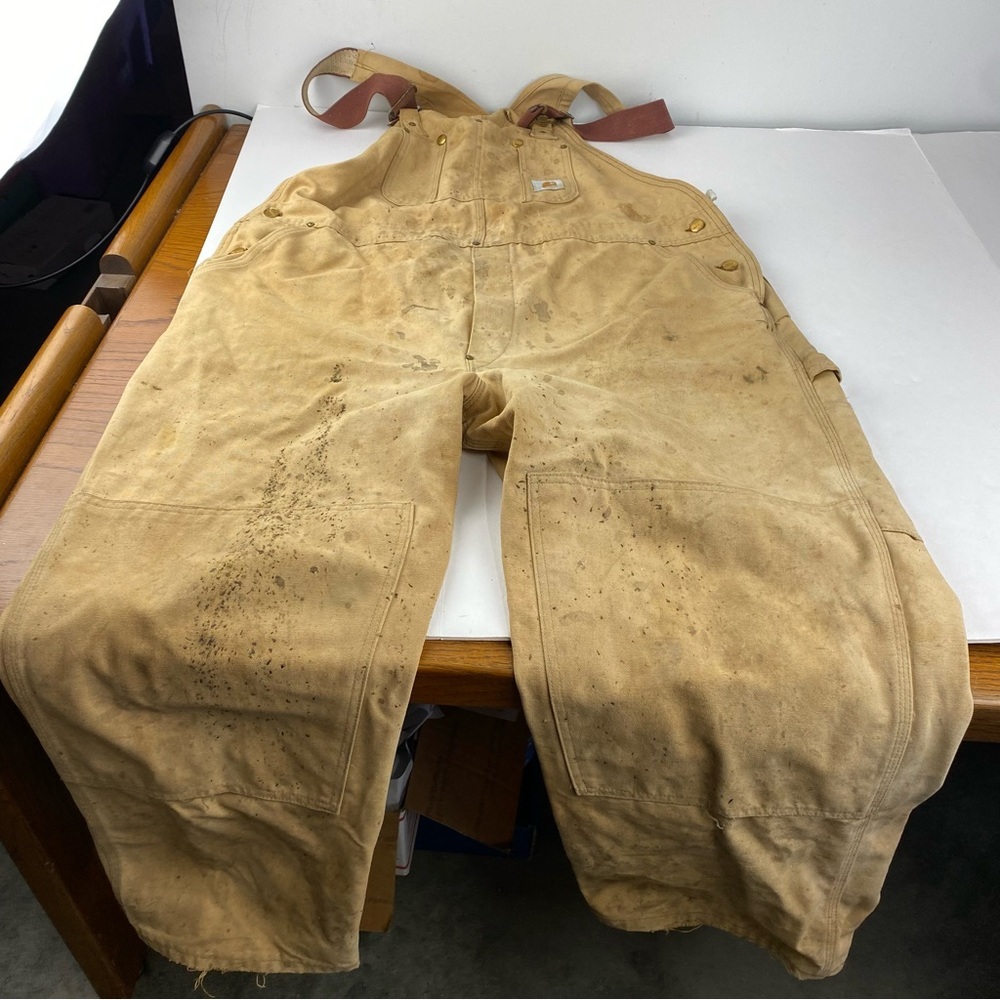 Vintage Carhartt Overalls Mens 46x27 Khaki Bib Duck Canvas Double Knee TRASHED